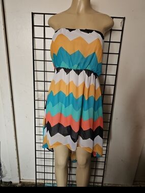 Colorblock Chevron Strapless Summer Dress in Teal, Yellow & Coral